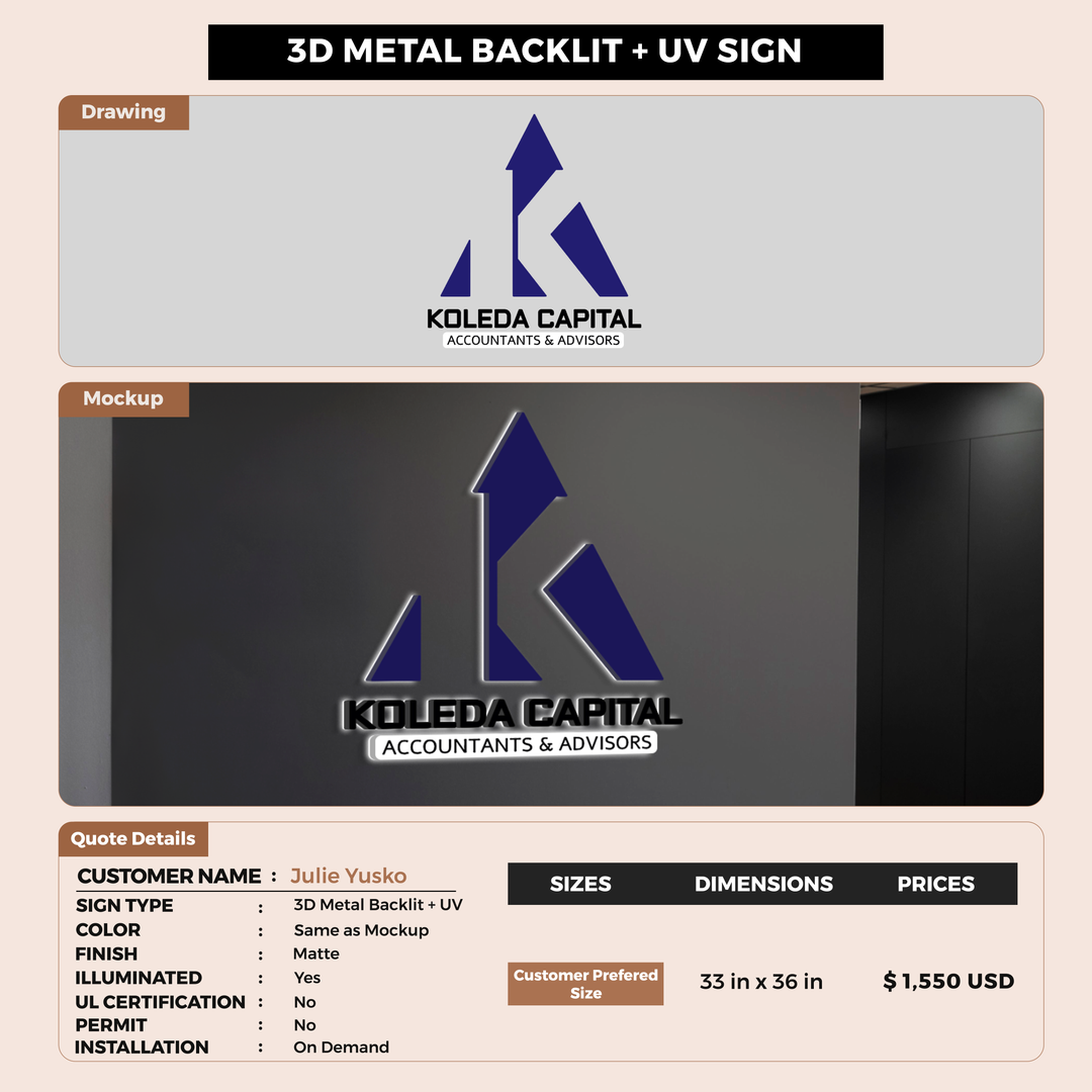 3D Metal Backlit + UV Sign for Julie Yusko