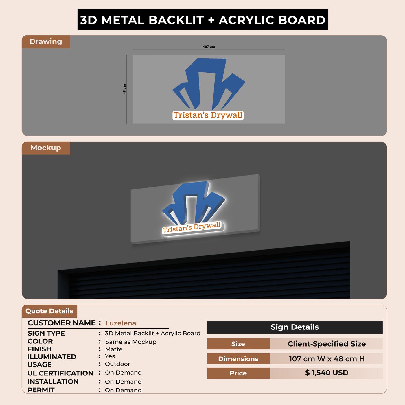 3D Metal Backlit with Acrylic Backboard Sign for Luzelena