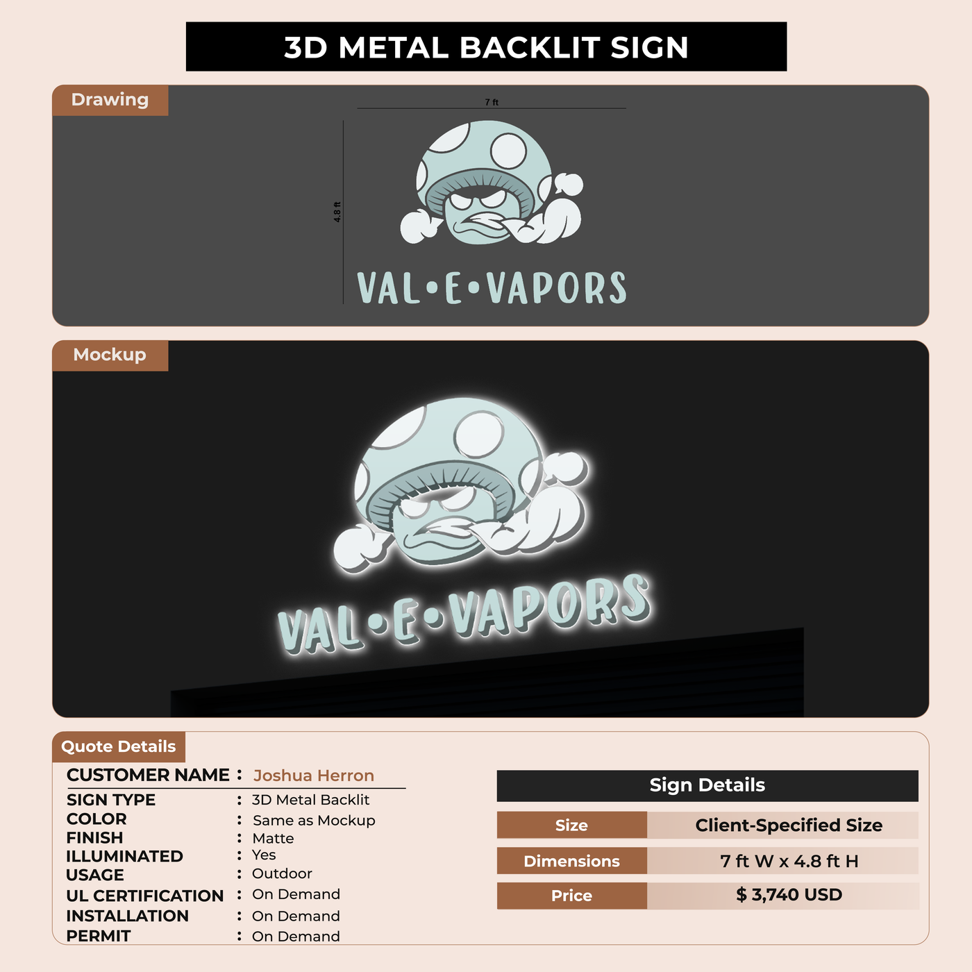 3D Metal Backlit Sign for Joshua Herron