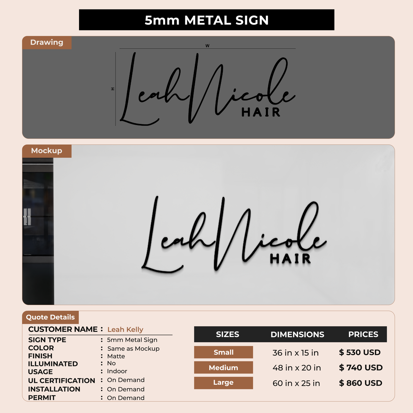 5mm metal sign for Leah Kelly