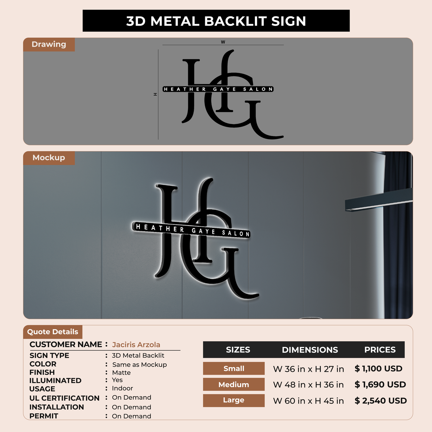 3D Metal Backlit Signage for Jaciris Arzola