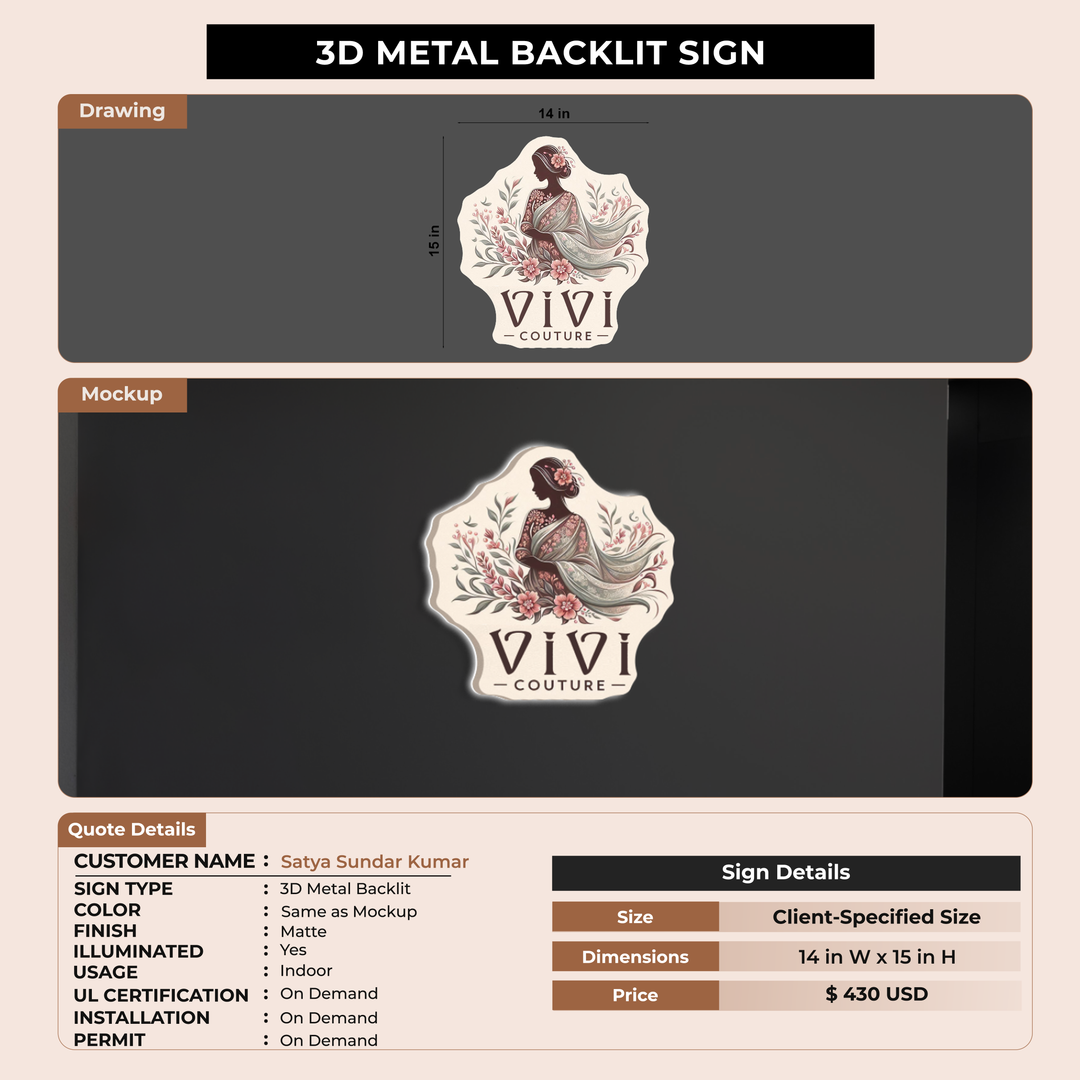 Metal Backlit Sign for Satya Sundar Kumar Bandiguptapu