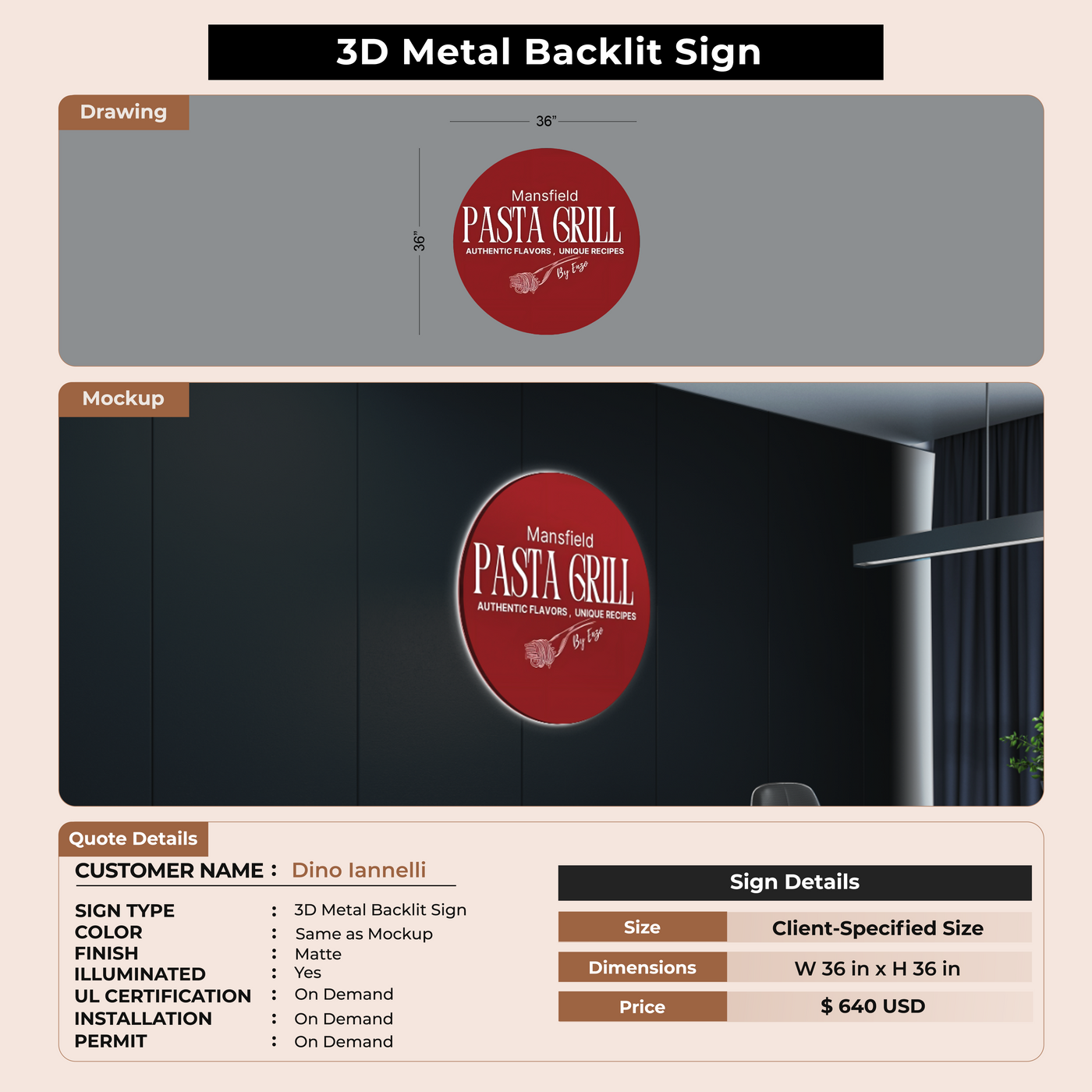 3D Metal Backlit Sign for Dino Iannelli