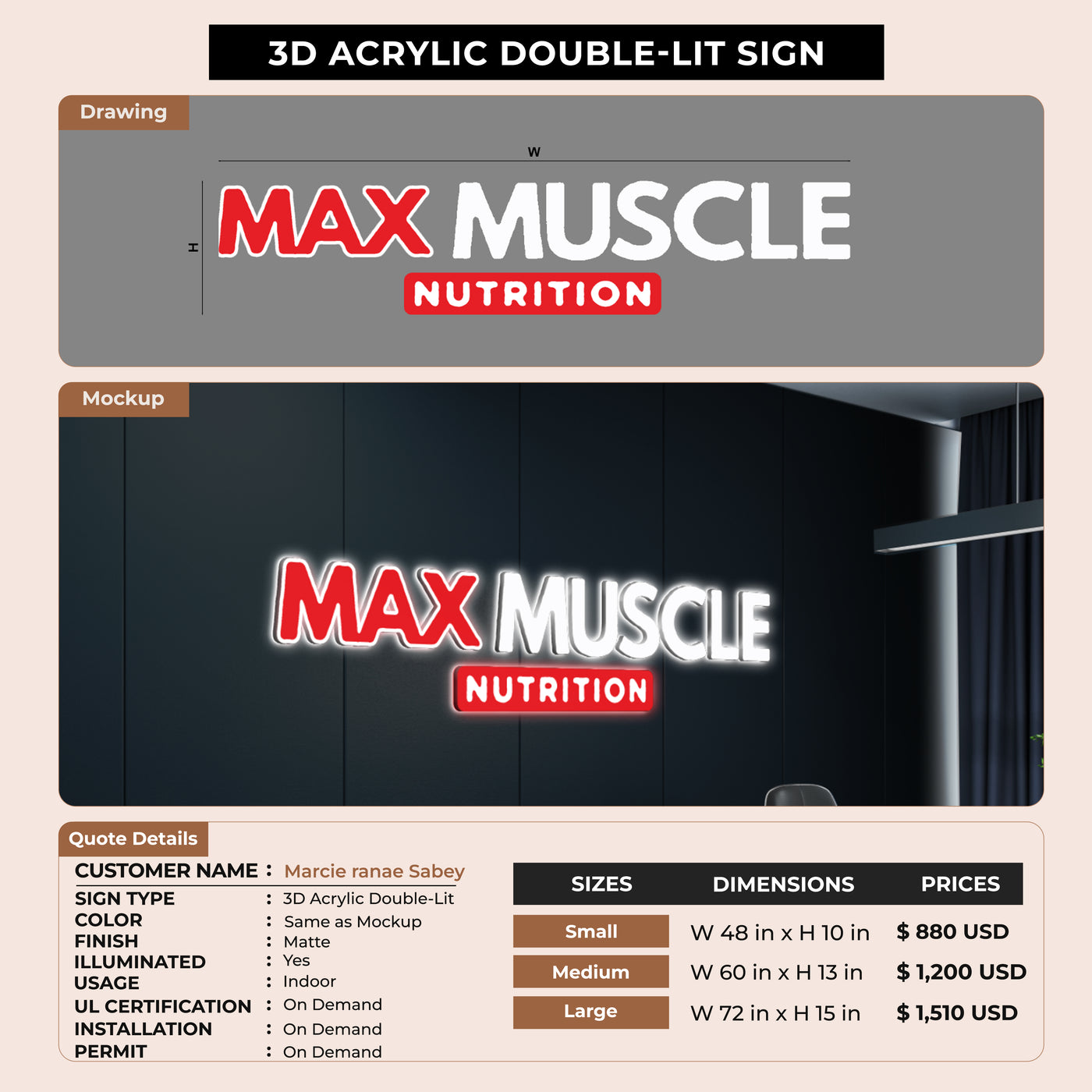 3D Acrylic Double-Lit Sign for Marcie ranae Sabey
