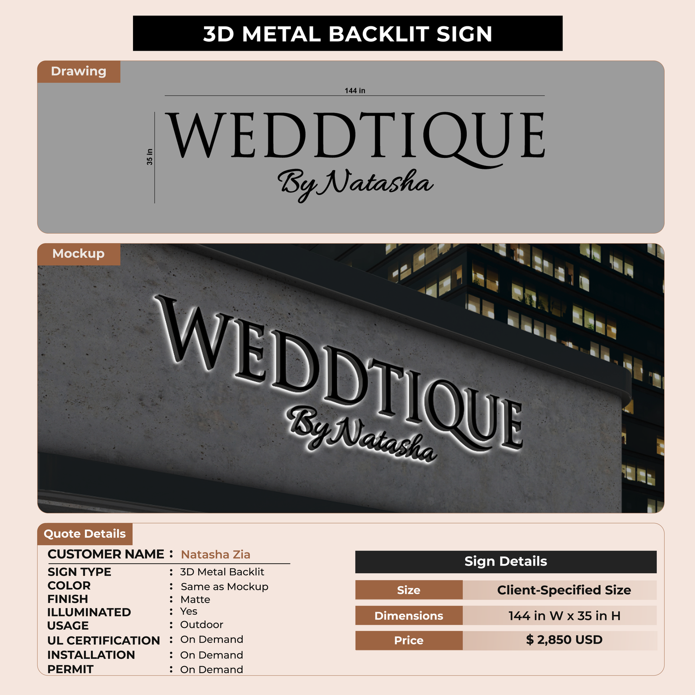 3D Metal Backlit Sign for Natasha Zia