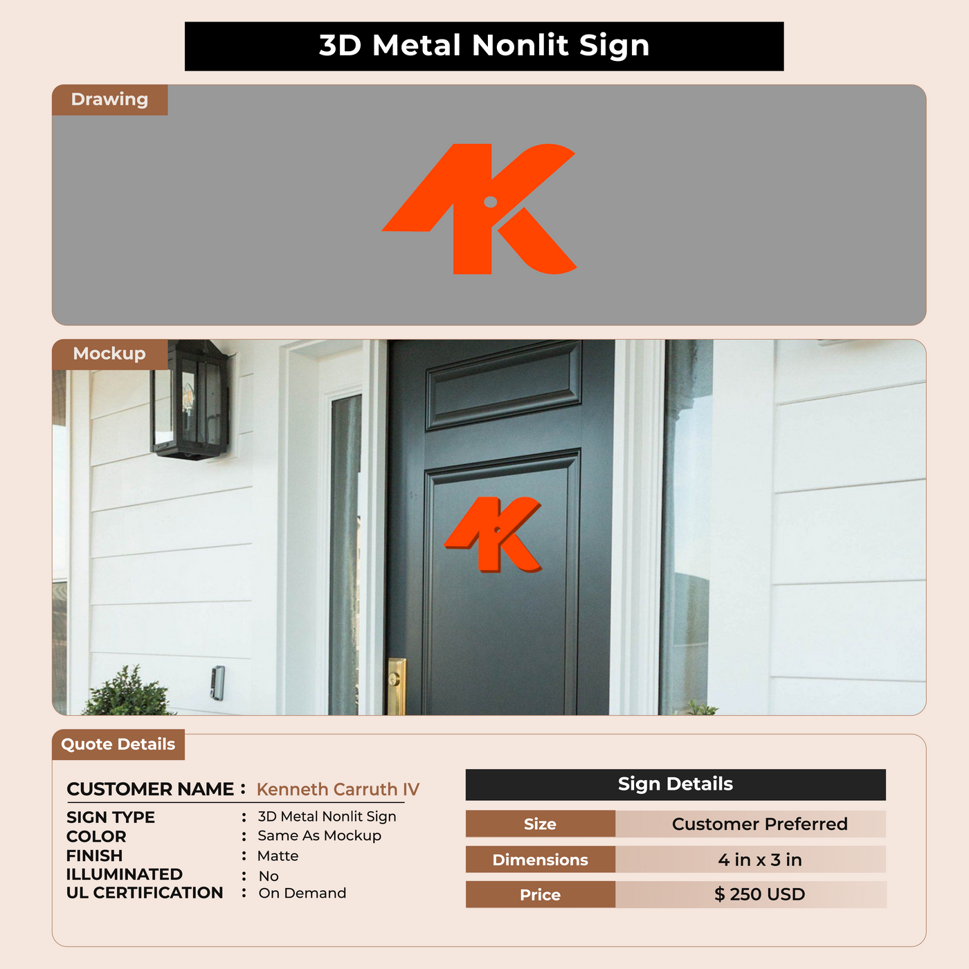 3D Metal Non-lit Sign For Kenneth Carruth IV