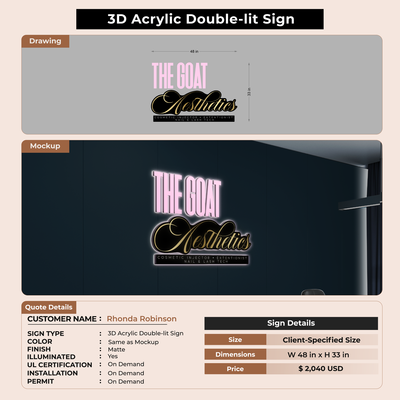 3D Acrylic Double-lit Sign For Rhonda Robinson