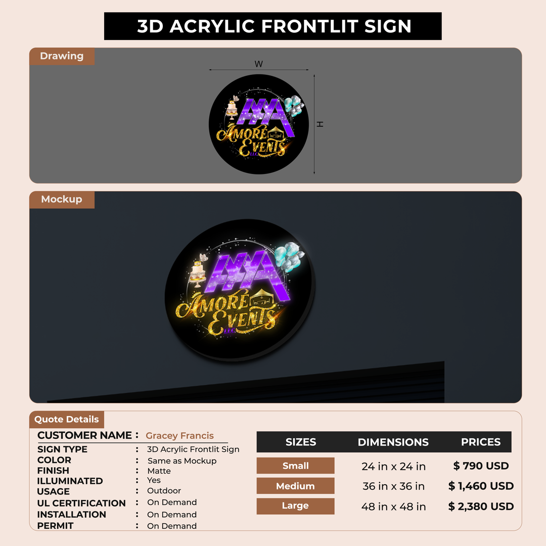 3d acrylic frontlit for Gracey Francis