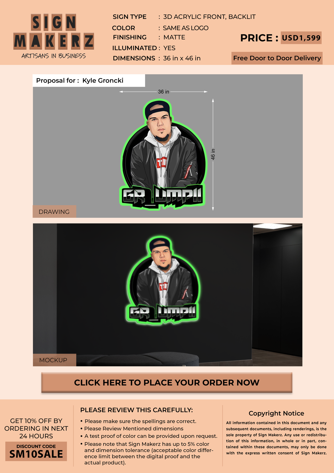 3d acrylic frontlit and backlit for Kyle Groncki