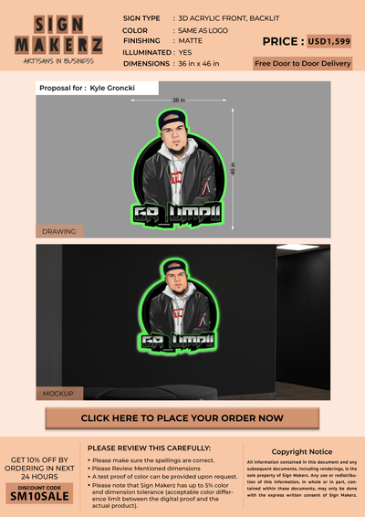 3d acrylic frontlit and backlit for Kyle Groncki