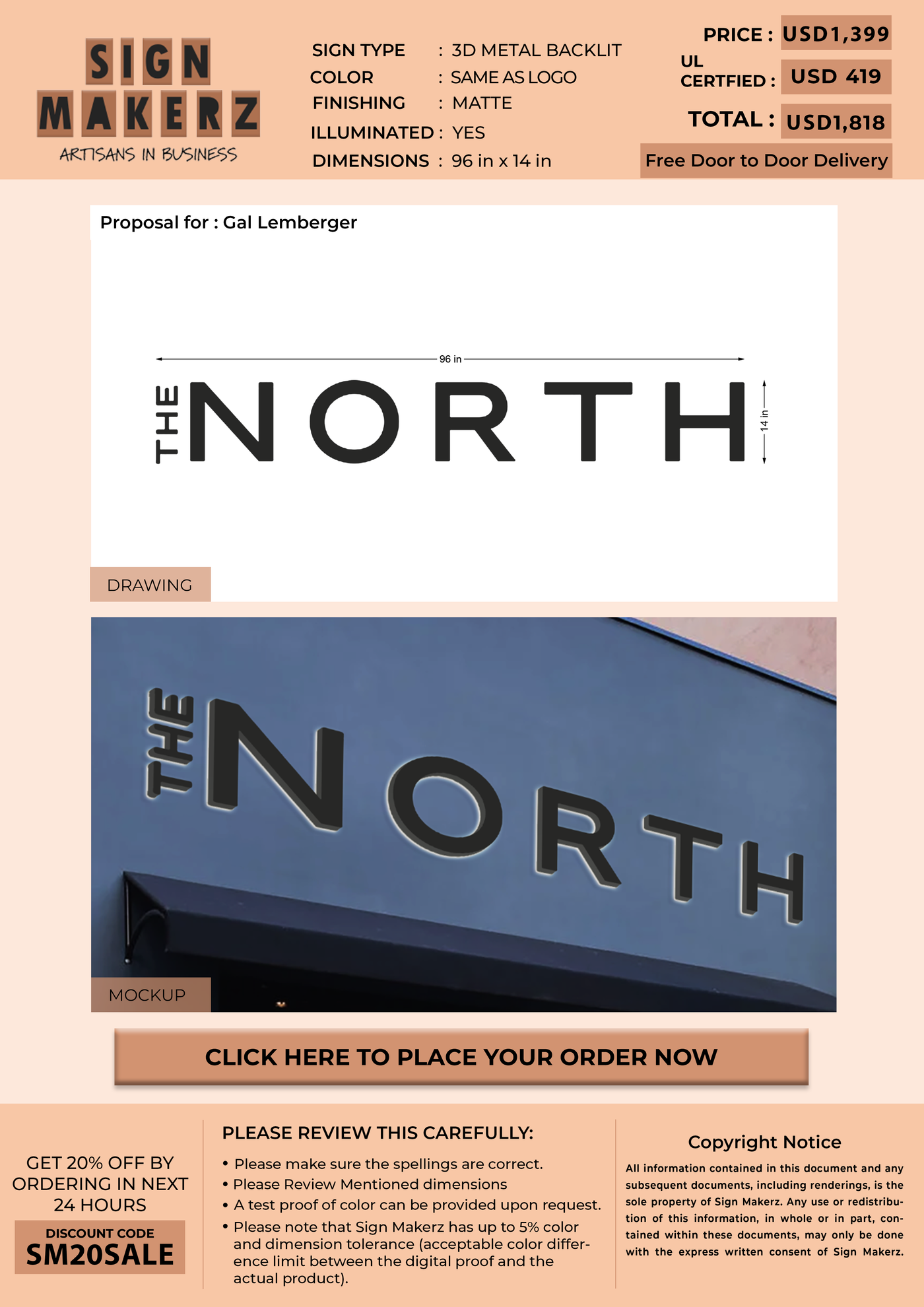 3D Metal Backlit Sign for Gal Lemberger