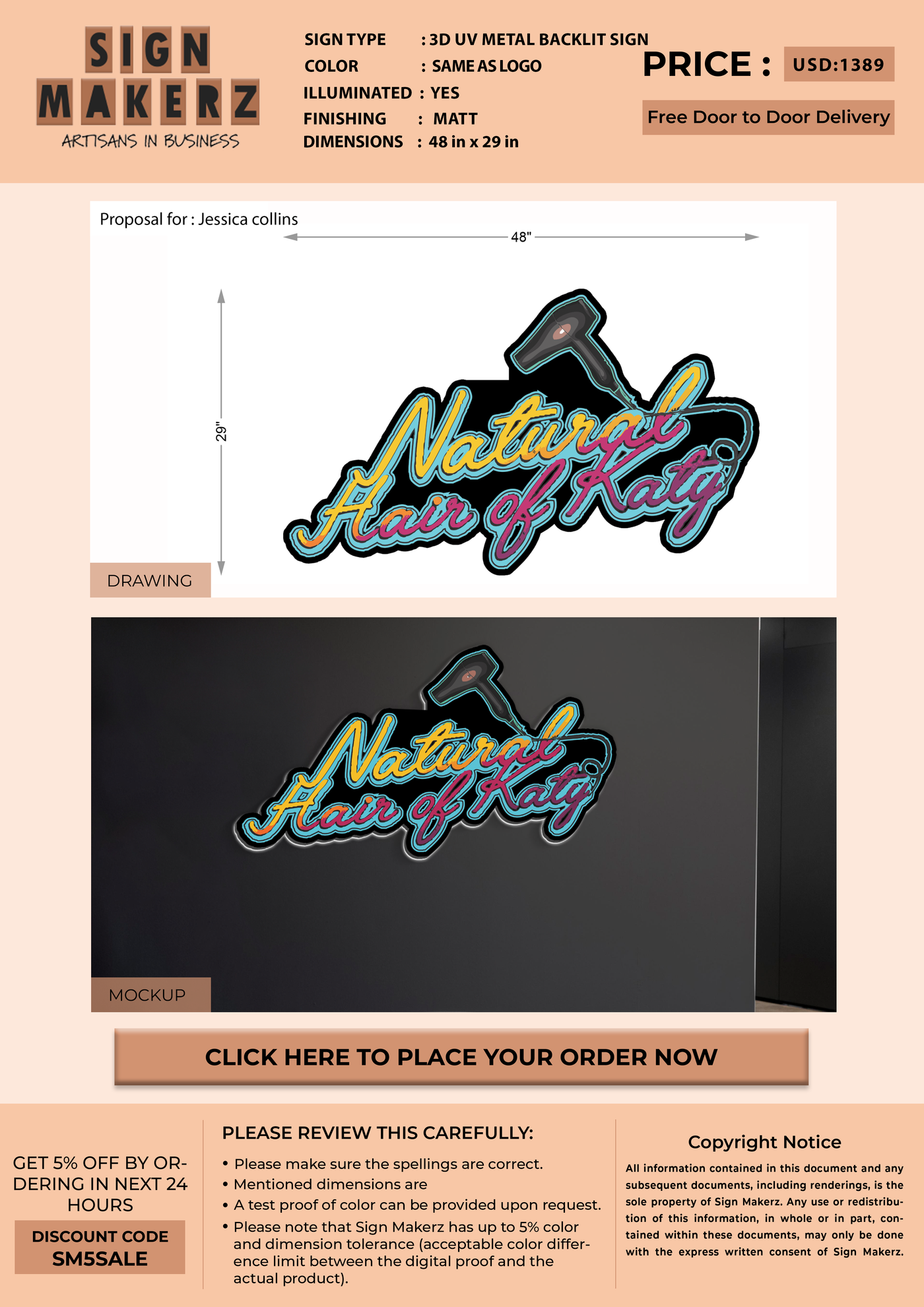 3D UV Metal Backlit Sign For Jessica collins