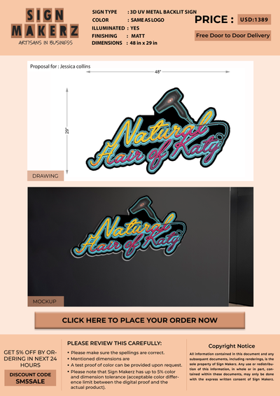 3D UV Metal Backlit Sign For Jessica collins