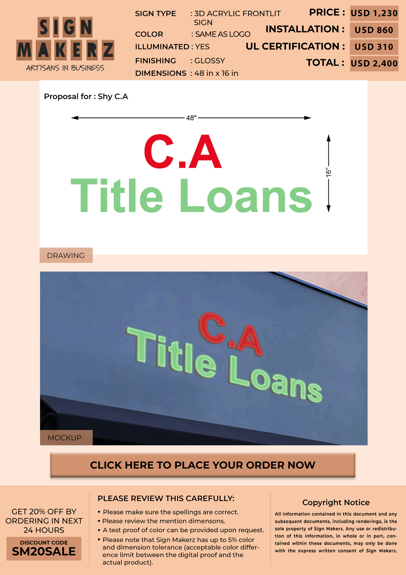 3D Acrylic Frontlit Sign For Shy C.A