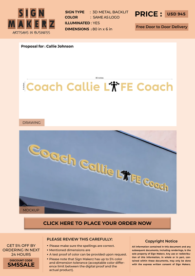 3D metal backlit sign for Callie Johnson