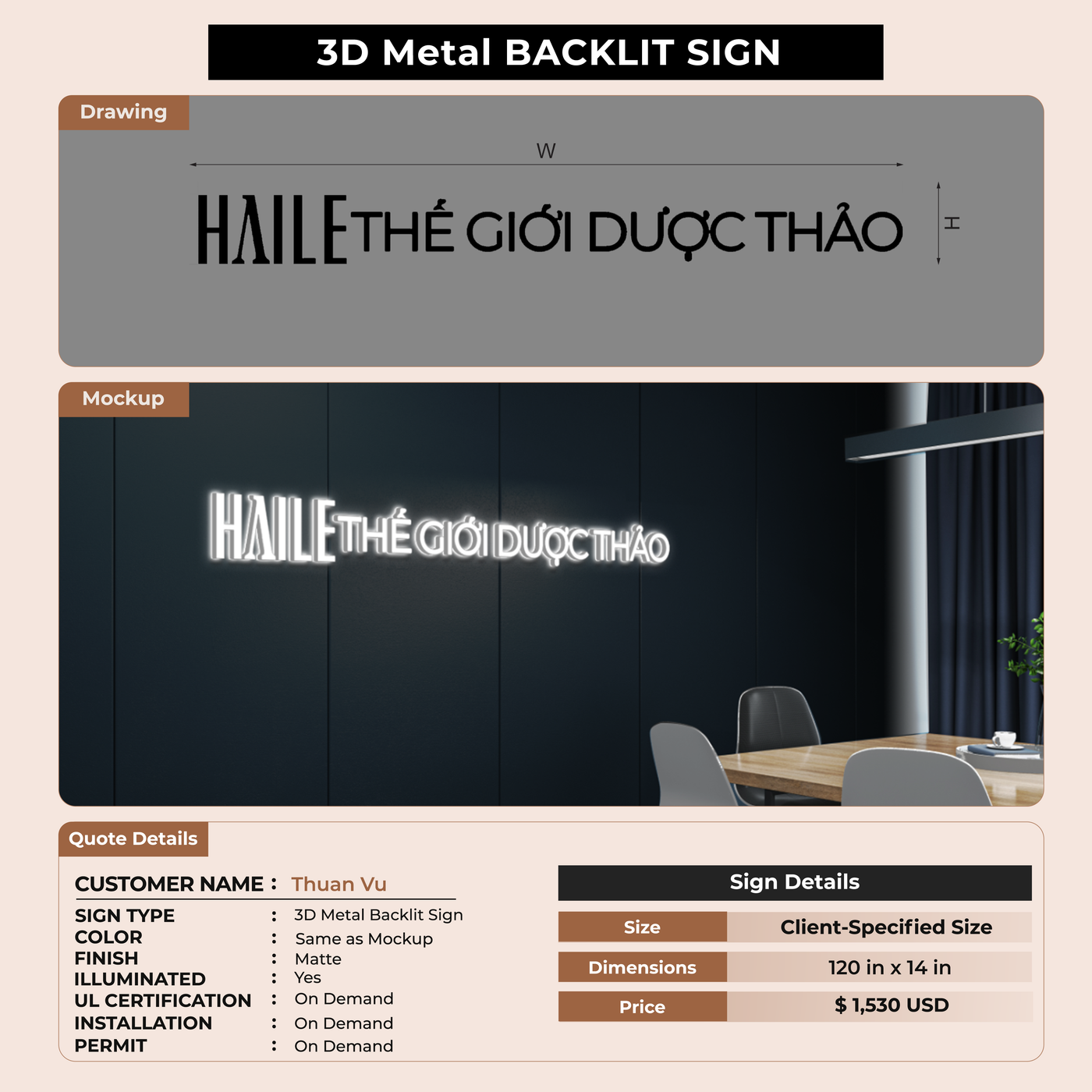 3D Metal Backlit Signs for Thuan Vu