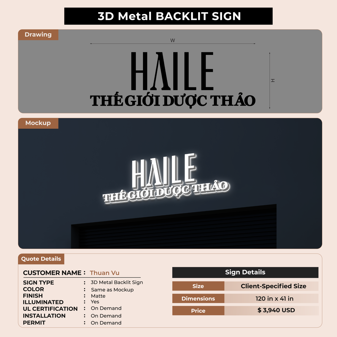 3D Metal Backlit Signs for Thuan Vu