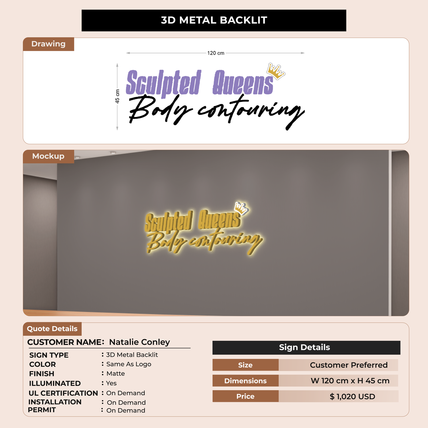 3D Metal Backlit sign for Natalie Conley