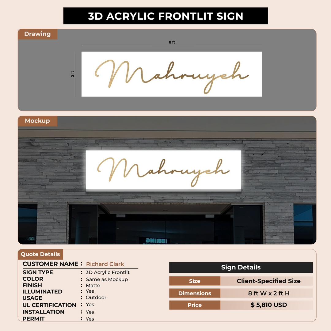 50% Deposit 3D Acrylic Frontlit Sign for Richard Clark