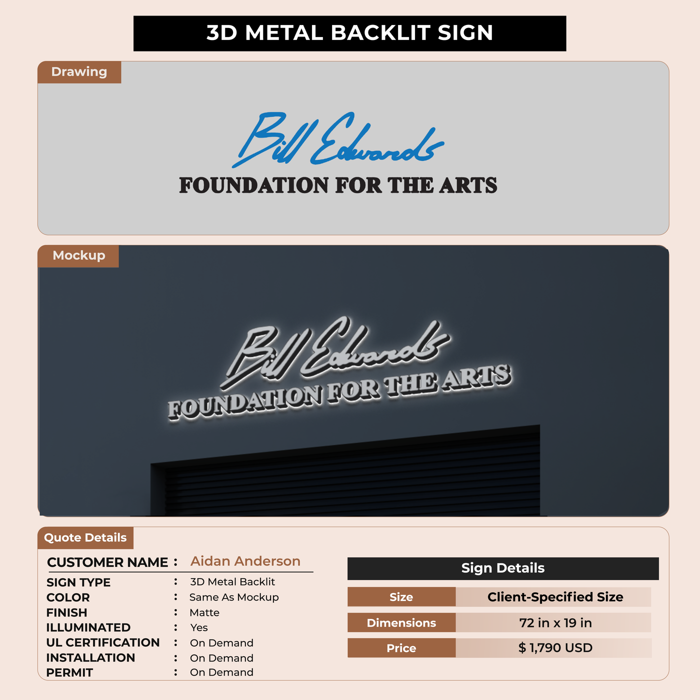 3D Metal Backlit Sign for Aidan Anderson