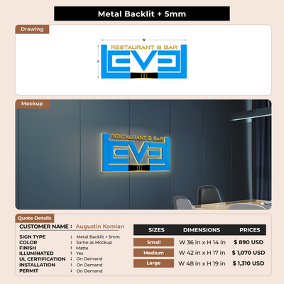 Metal Backlit Sign for Augustin Komlan