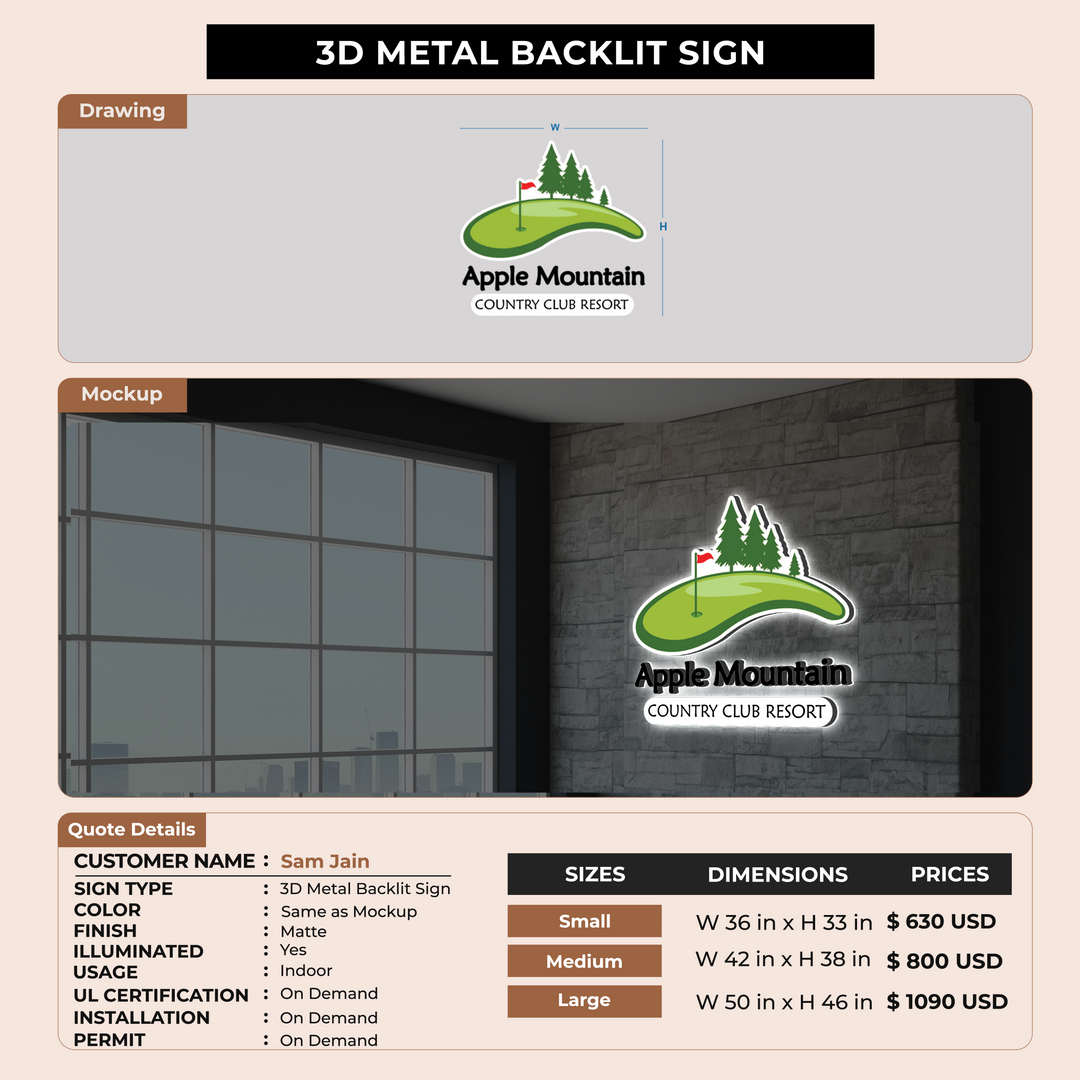 3d metal backlit Sign For Sam Jain