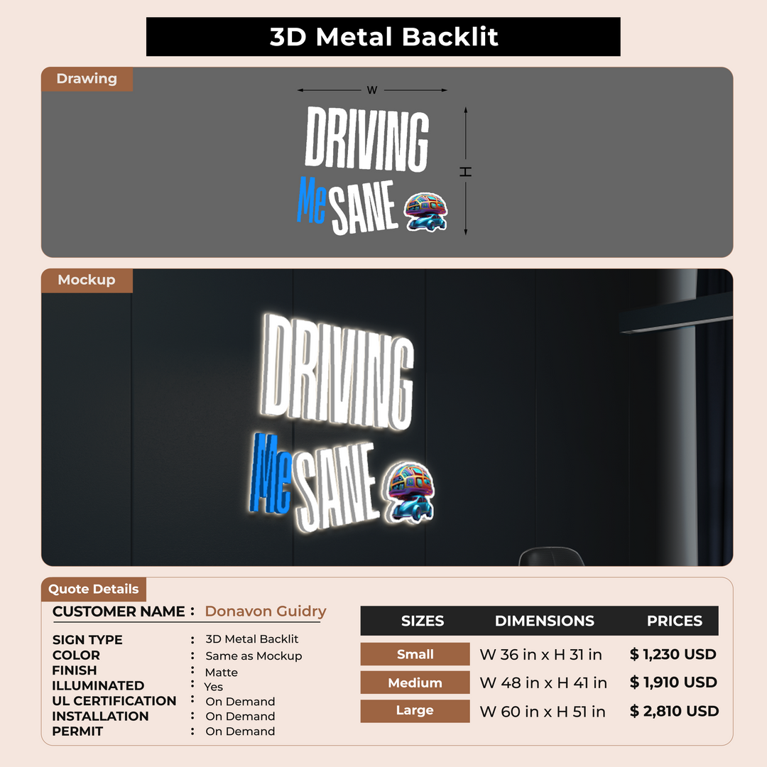 3D Metal Back-lit Sign For Donavon Guidry