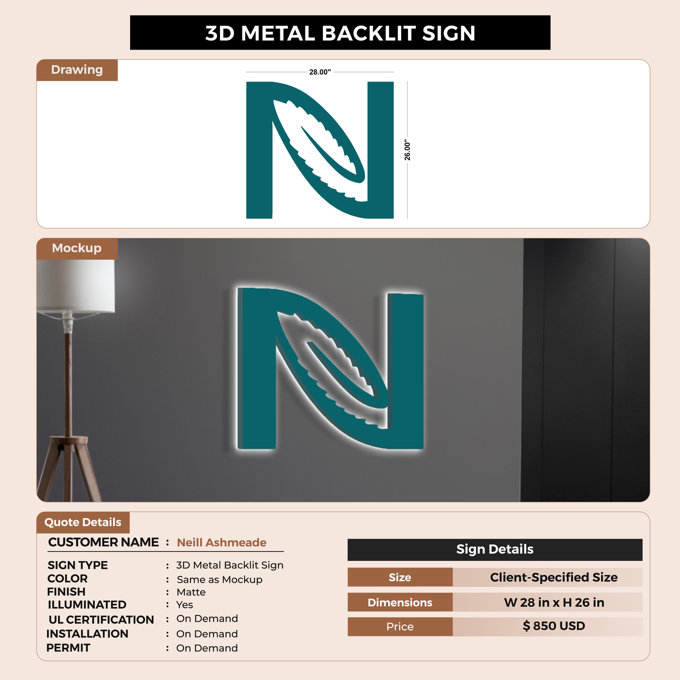 3D Metal Backlit Sign for Neill Ashmeade