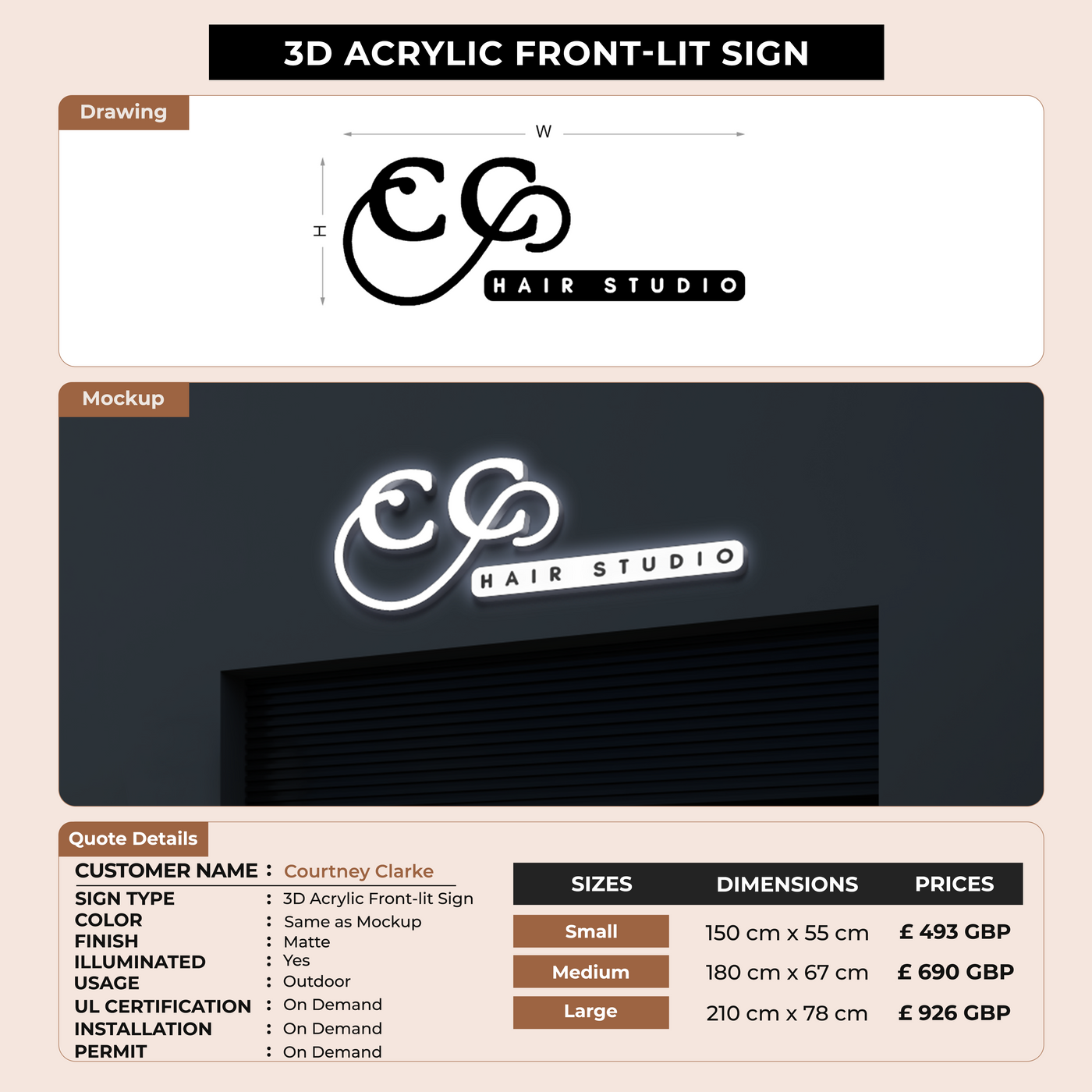 3D Acrylic Front-lit Sign For Courtney Clarke