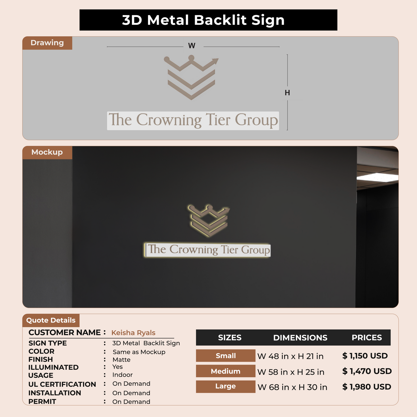 3D Metal Backlit Sign for Keisha Ryals