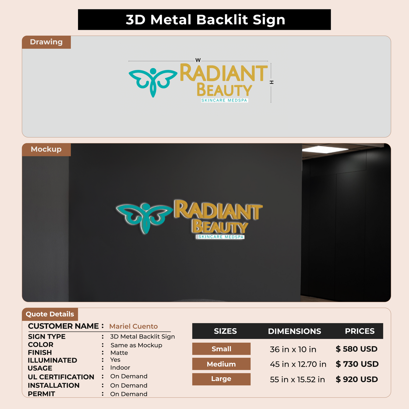 3D Metal Back-lit Sign For Mariel Cuento