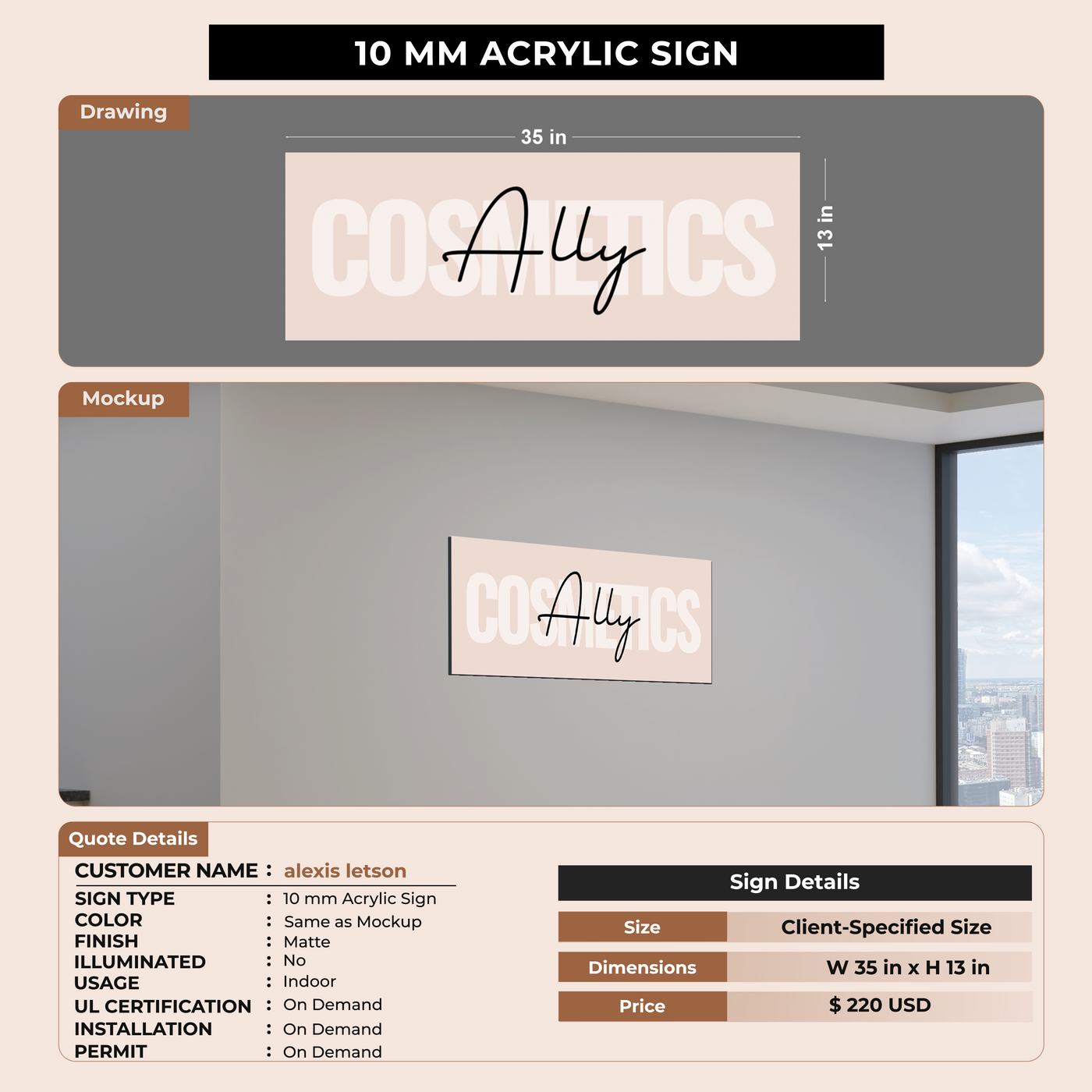 10 MM Acrylic Sign For alexis letson