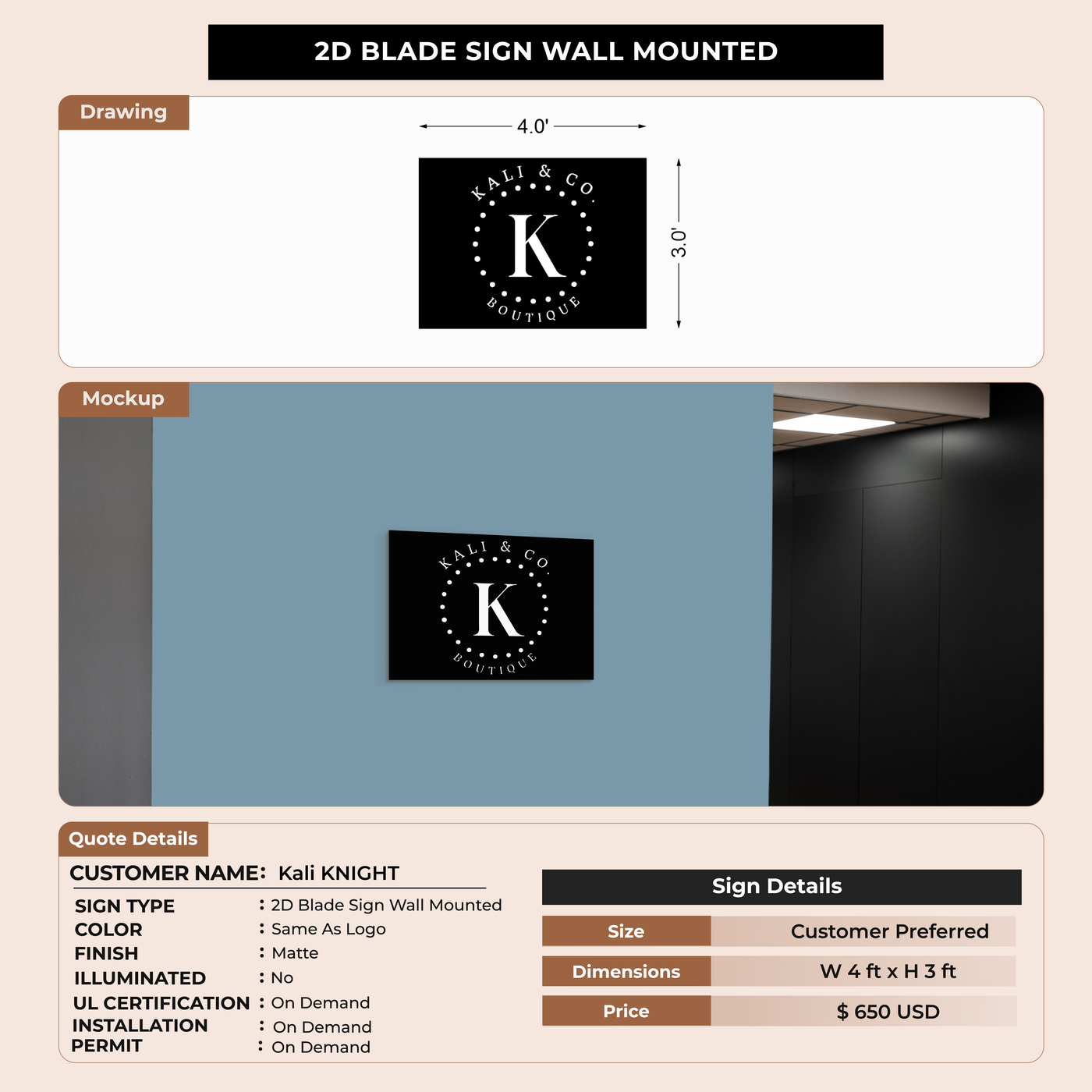 2D Blade Sign - Wall mounted for Kali KNIGHT