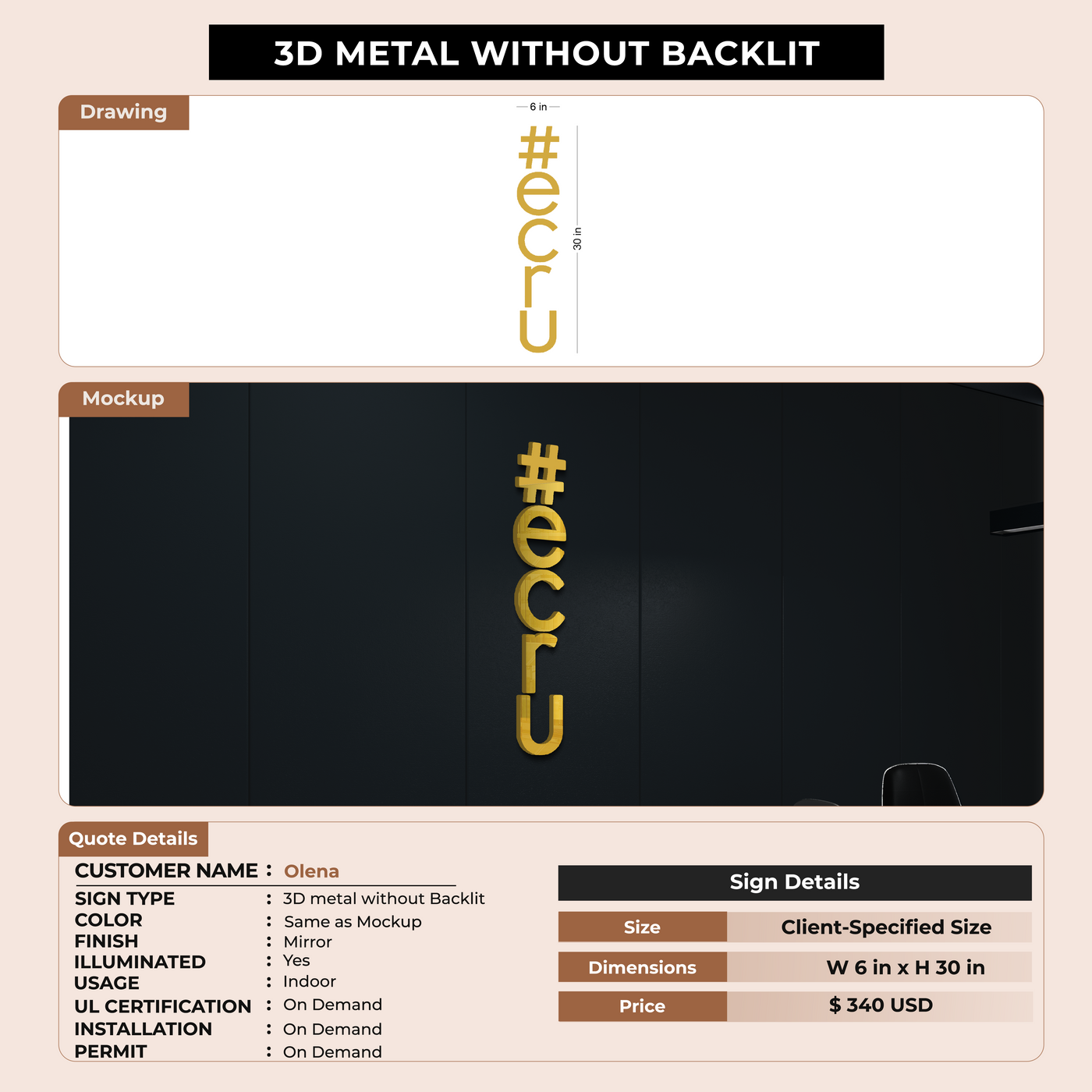 3D Metal Backlit Sign for Olena