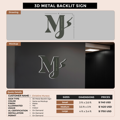 3d metal backlit sign for Christine Muraco